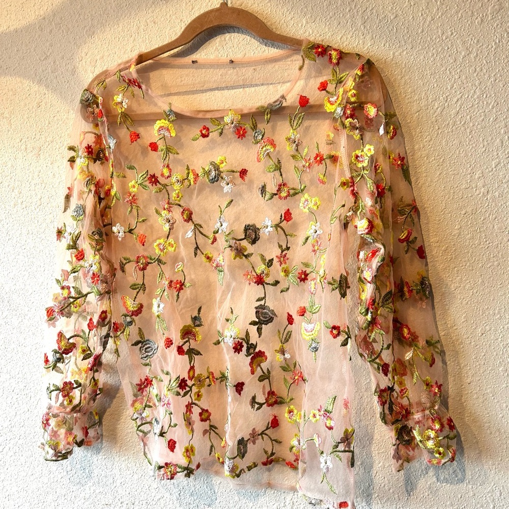 Floral Embroidered Sheer Top - Multicolor